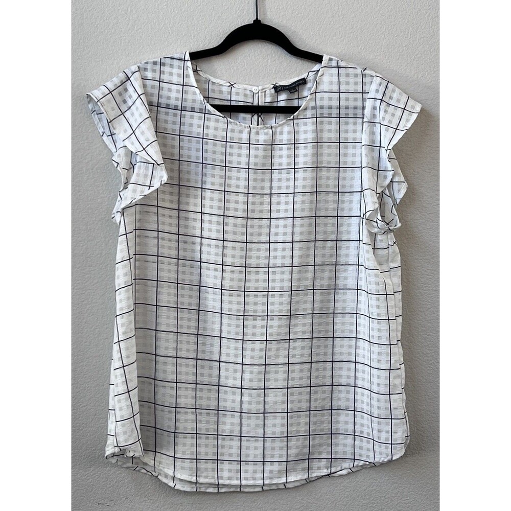 Adrianna Papell Windowpane Check Flutter Sleeve Blouse White Black Women’s L
